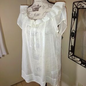 "To The Max", womans Sheer Blouse, ruffled neck, Glittery threads